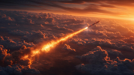 A combat missile takes off and flies among the clouds at sunset