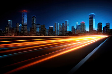 Fototapeta premium City skyline illuminated by night with vibrant lights and streaks from moving vehicles