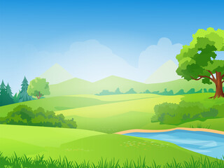 Green summer landscape. Beautiful natural panorama with river. Bushes and trees near water in sunny day. Tranquil hill with grass. Environment and nature. Cartoon Flat vector illustration