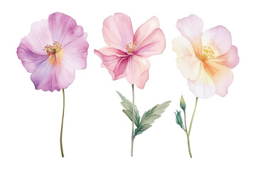 Fototapeta premium Watercolor pastel floral illustration, trio of delicate flowers