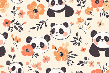 Obraz premium Endless background with heads of panda and flowers. Seamless pattern.