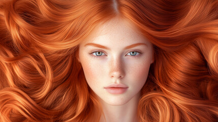Obraz premium A young woman with long, flowing red hair looks directly at the camera.