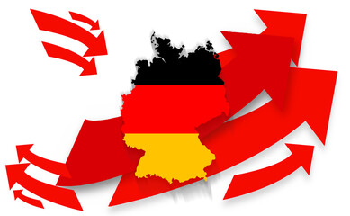 map of Germany and red arrows upwards and downwards, red as warning or crisis and solution or worst case and critics