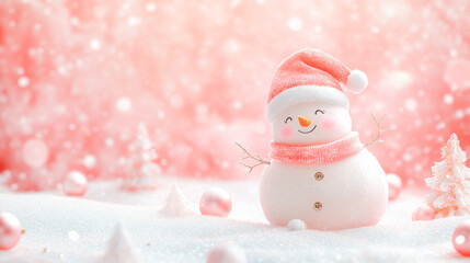 Christmas winter pink background with cute snowman in snow and blurred bokeh background. Merry Christmas and happy new year greeting card with copy space. banner