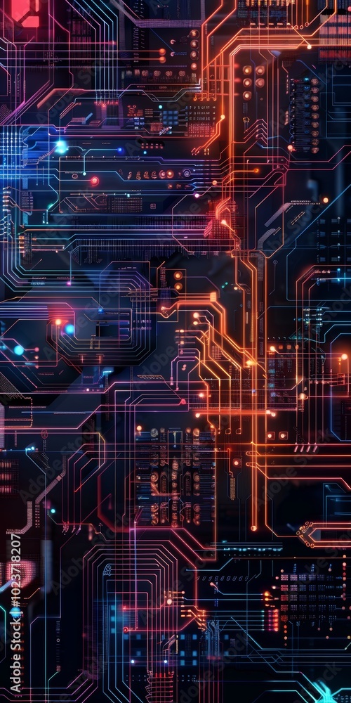 Poster a high-resolution image of a futuristic circuit board with glowing neon lights and intricate pattern