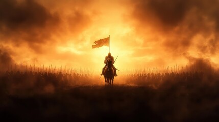 A heroic warrior on horseback raises a flag against a dramatic sunset backdrop during an epic battle preparation in a medieval setting