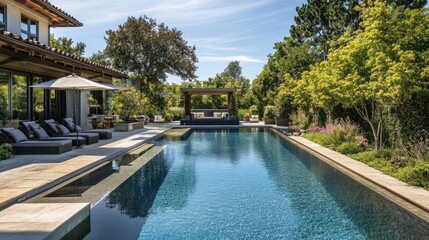 Fototapeta premium A calm, clear swimming pool with perfectly blue water, set in a luxurious backyard, ideal for summer relaxation.