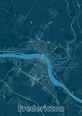 Detailed map of Fredericton, Canada, rendered in a minimalist style. The map features a deep teal background with white lines representing roads and waterways.