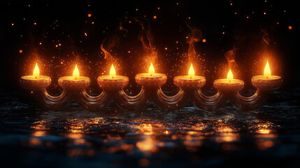 The Golden Menorah, burning with many candles and sparks