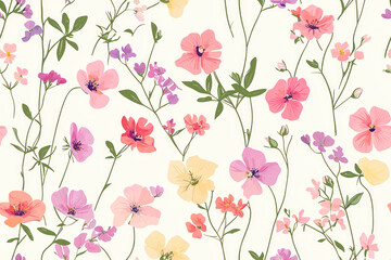Cute background of wildflowers. Floral ornament of meadow geranium. Design for textile, paper.