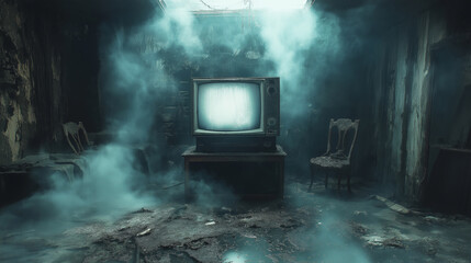 Dirty and old TV shows white noise in an abandoned apartment
