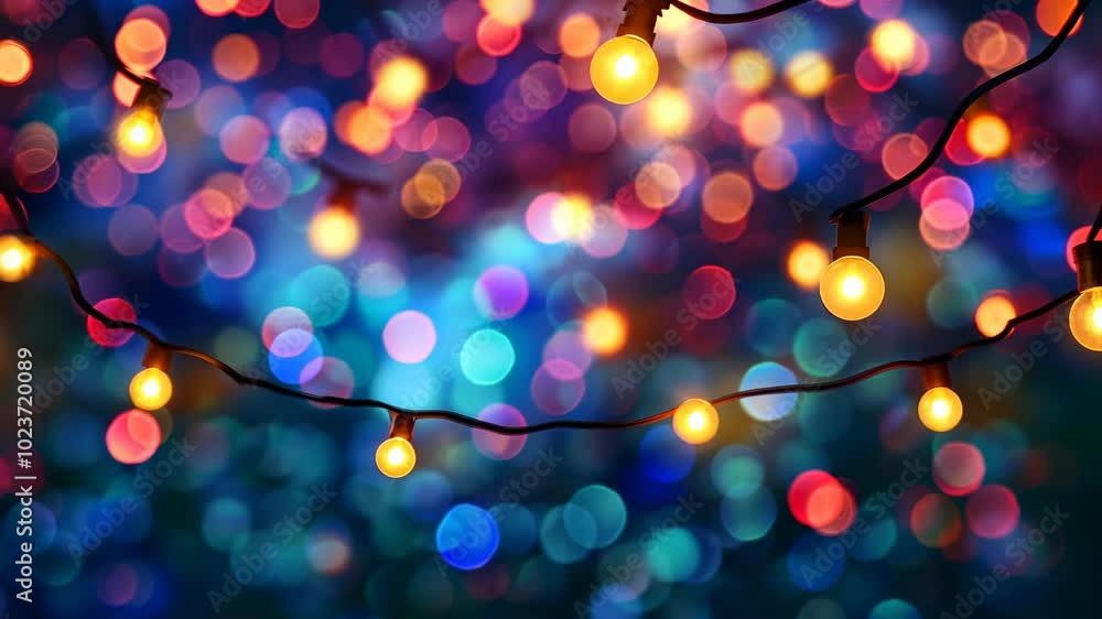 Aufkleber string lights create a colorful blur of bokeh against a dark blue background
