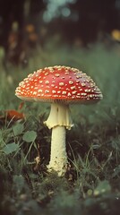 A mushroom growing in the grass, with its cap and stem visible through the dense green foliage