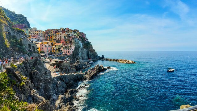 Cinque Terre, Liguria, Italy - August 5th 2024: View of the sea and the colorful houses of Cinque Terre