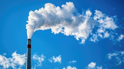 Close-up of modern industrial power plant chimneys emitting smoke under a bright blue sky, showcasing energy production. No people.