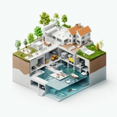 Detailed diagram of a hurricane shelter system integrated into urban flood defense planning, Shelter Systems, Flood Management