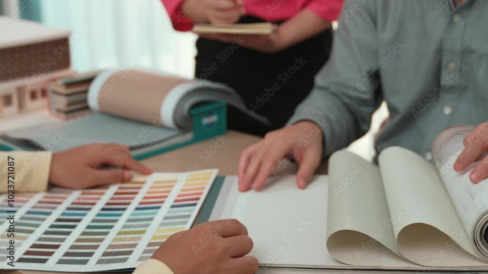Poster hand closeup architect and interior designer presenting textile material and color from color palett