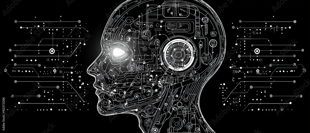 Poster ai robot head with intricate circuitry on black background.