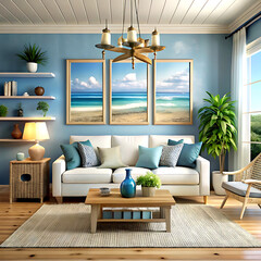 Mock up frame in home interior background, coastal style living room with marine decor, 3d render, white Mock up frame