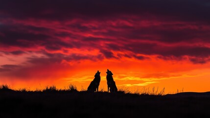 Fototapeta premium Wolves Howling at Sunset, Wildlife in Nature Scene, Silhouetted Wolves Against Golden Sky, Wolf Pack at Dusk, Wild Animals Howling, Majestic Nature Landscape, Predators in the Wild, Dramatic Evening S
