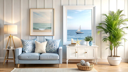 Mock up frame in home interior background, coastal style living room with marine decor, 3d render, white Mock up frame