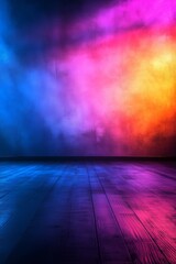 A colorful room with a blue wall and a pink wall. The room is empty and has a lot of space