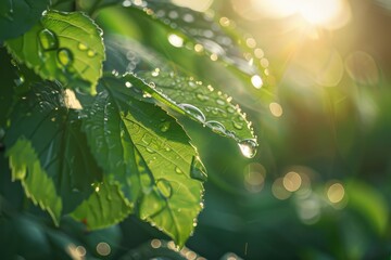 Morning dew on leaves in nature  green tones background.