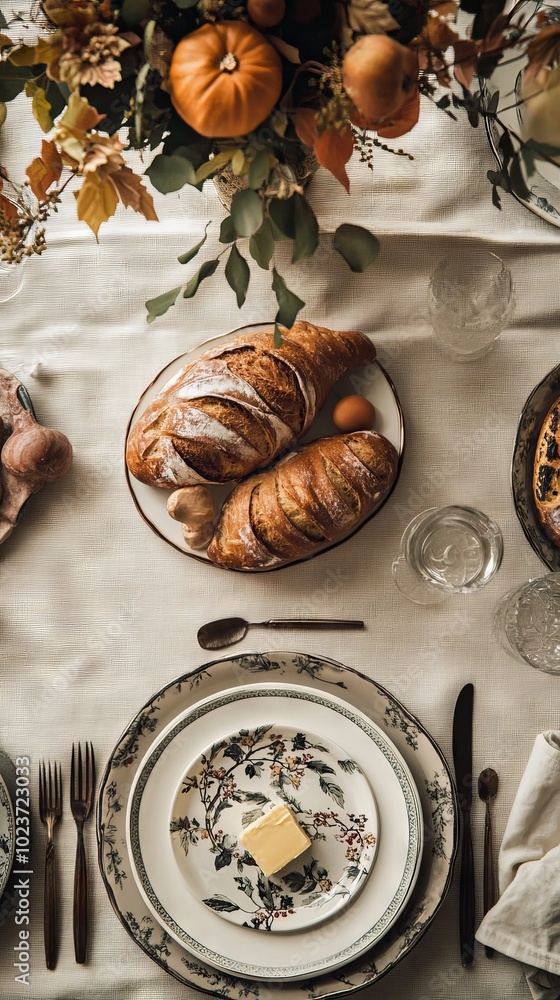 Poster flat lay view of a thanksgiving table with a focus on the bread and butter plate.
