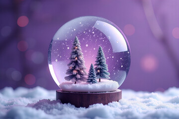 Christmas purple snow globe with mini landscape, snow and snow trees