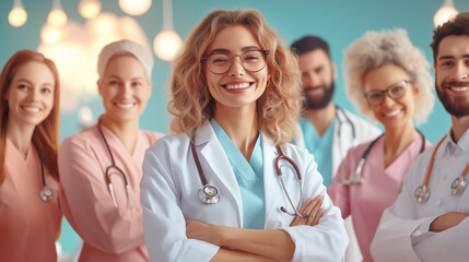 Fototapeta premium A confident female doctor stands out in a group of medical professionals, her smile radiating warmth and expertise.