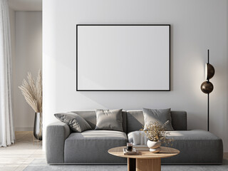 Frame mockup, ISO A paper size. Living room wall poster mockup. Interior mockup with house background. Modern interior design. 3D render
