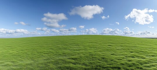 Fototapeta premium Panoramic View of Lush Green Hill Under Picturesque Blue Sky with Fluffy White Clouds