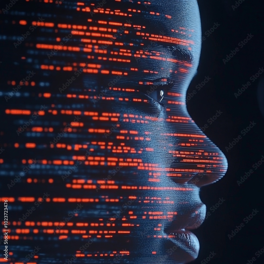 Poster digital overlay on womans face showing how data interacts with facial recognition technology