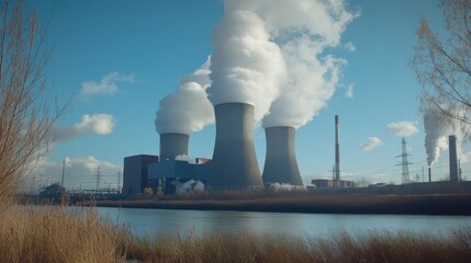 Industrial chimneys at a power plant releasing thick smoke under a blue sky, showcasing industrial energy production. No people.