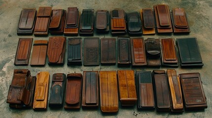 Collection of vintage wood blocks for printmaking on display. Rustic and textured, these artifacts showcase traditional craftsmanship.