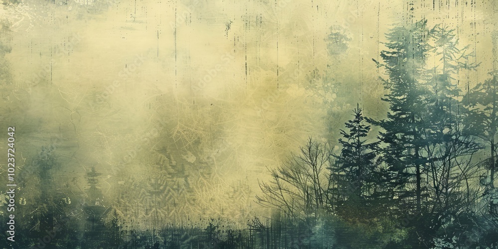 Poster a serene misty forest scene featuring tall pine trees and abstract artistic elements, creating a tra