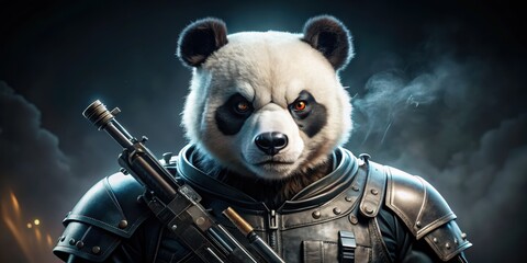 A fierce panda dressed as a terminator, with a menacing expression and holding a weapon, panda, terminator, fierce, costume, animal