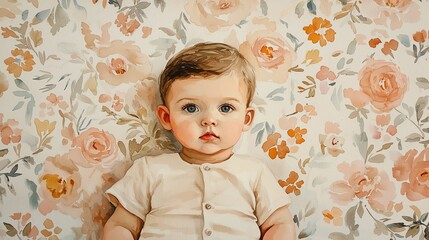 Fototapeta premium Charming portrait of a baby seated against a floral backdrop, showcasing innocence and serenity in a lovely composition.