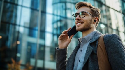Young businessman talks on phone.