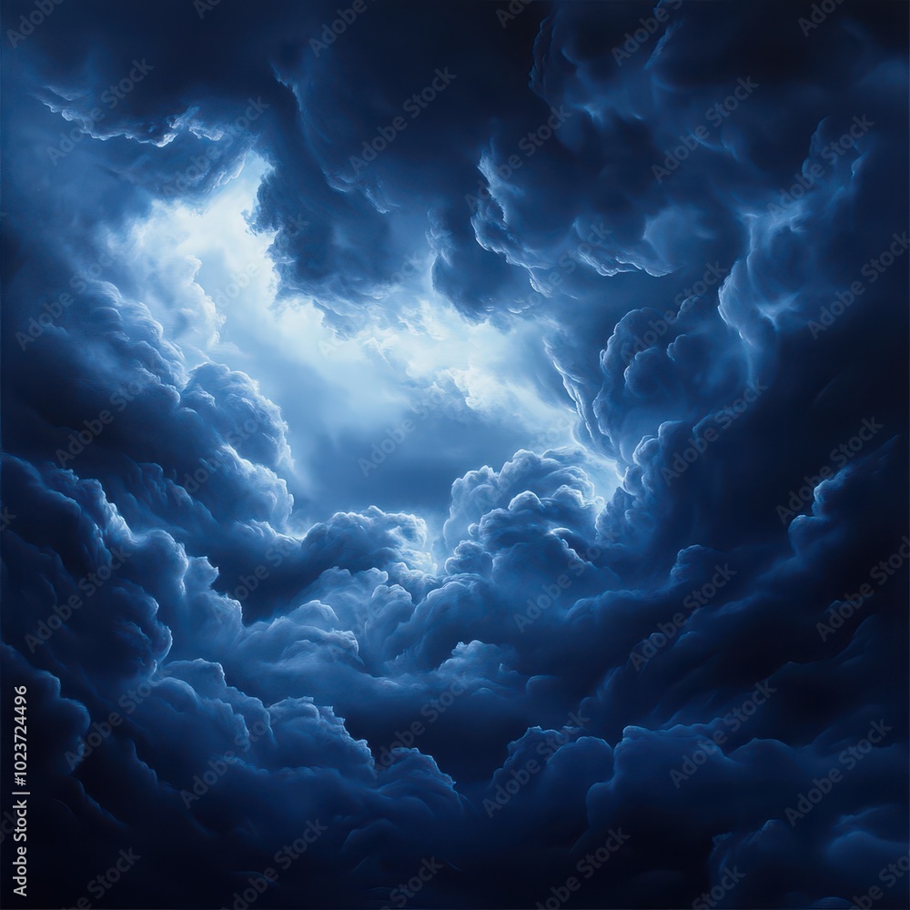 Poster dramatic dark clouds illuminated by light from above, creating a moody atmosphere.
