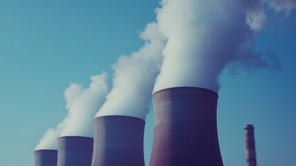 Industrial power plant with multiple chimneys emitting smoke under a blue sky, representing energy and industrial output. No people.