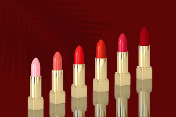 Fototapeta premium set Luxurious golden lipsticks scattered on light background, elegance and beauty in cosmetics, Beauty industry glamour, 3d render