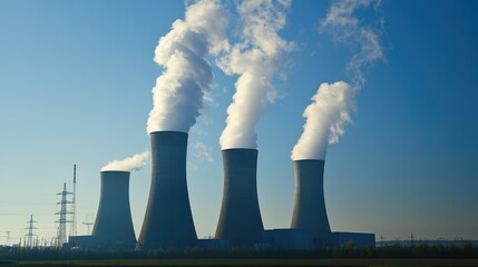 Industrial power plant with tall chimneys releasing smoke against a clear blue sky, representing energy generation. No people.