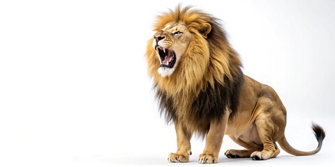 Lion roaring isolated on white background, asymmetrical