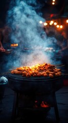 Grilled meat with smoke and embers, illuminated by warm lights, creating an inviting atmosphere.