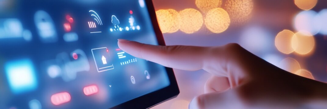 A person using a tablet to control smart home functions such as security cameras, lights, and thermostat