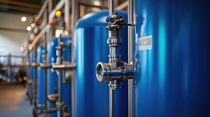 Modern industrial blue tanks with sophisticated valves in a state-of-the-art factory, showcasing innovation. No people.