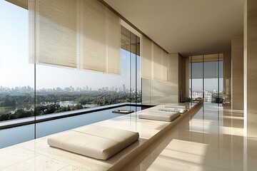 Luxurious modern living room with a pool and a stunning view of the city.
