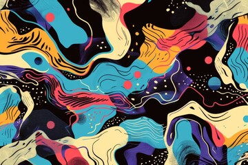 A colorful abstract painting with a blue and yellow swirl. The painting is full of bright colors and has a dreamy, whimsical feel to it