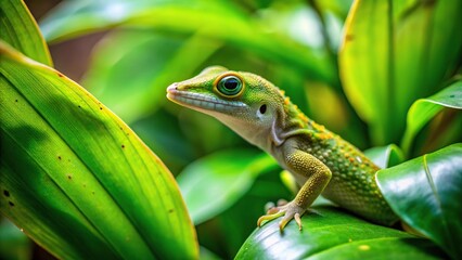 hidden gecko camouflaged in lush green leaves